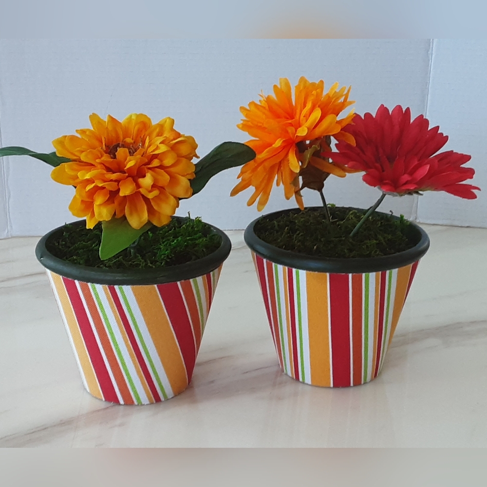 Fabric Covered Flower Pots Orange Striped Multicolor Silk Arrangement